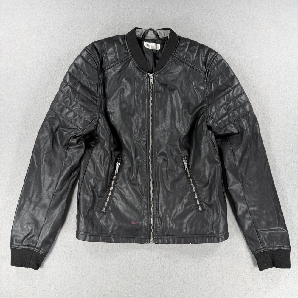 HM Black Faux Leather Moto Bomber Jacket Girls Size 16 Quilted Shoulder Zip Up